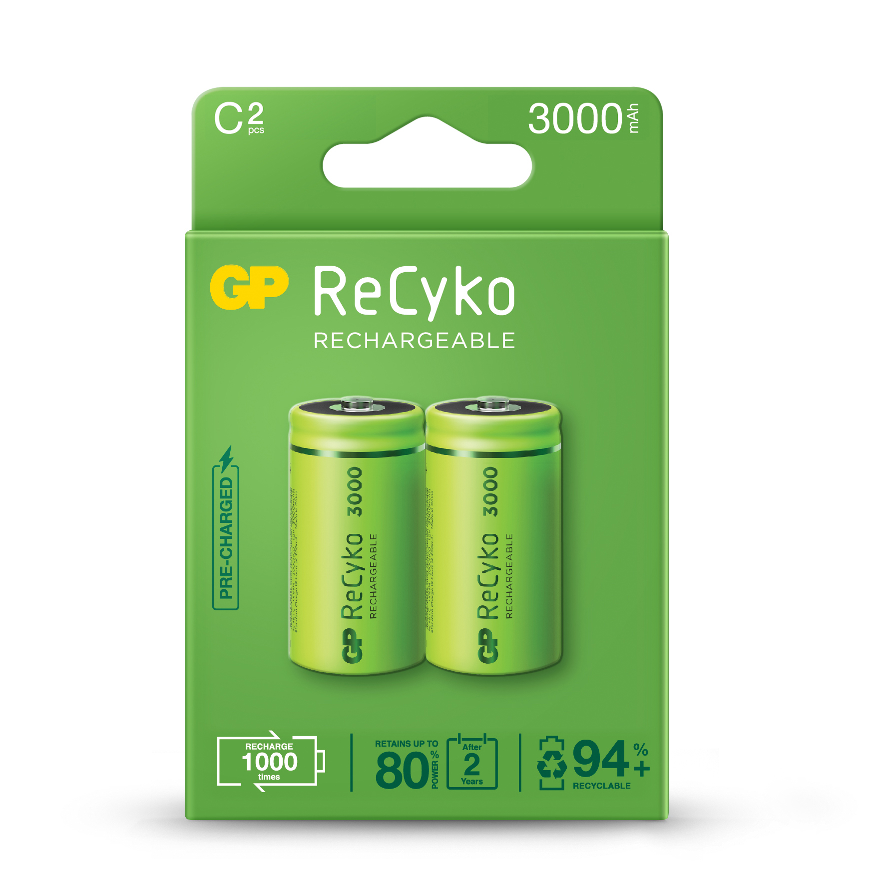 GP300CHCB-2EB2 Pile C Ni-MH 3000mAh rechargeable GP ReCyko (Carte de 2)  Batteries Expert