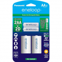 K-KJS1MCA2BA   Panasonic eneloop AA Ni-MH Pre-Charged Rechargeable Batteries, 2 Pack with 2 "D" Spacers
