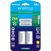 K-KJS2MCA2BA   Panasonic eneloop AA Ni-MH Pre-Charged Rechargeable Batteries, 2 Pack with 2 "C" Spacers