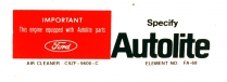 Decal - Air Cleaner - 302 - Autolite - 1969 Ford Car  