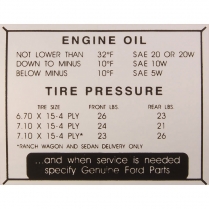 Decal - Glove Box - Engine Oil/Tire Pressure - 1953-54 Ford Car  