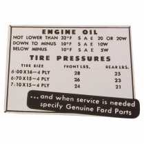 Decal - Glove Box - Engine Oil/Tire Pressure - 1952 Ford Car  