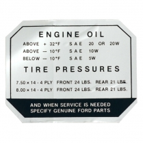 Decal - Glove Box - Engine Oil/Tire Pressure - 1957-58 Ford Car  