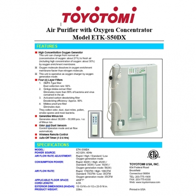 Toyotomi ETK-S50DX, Air Purifier with Oxygen